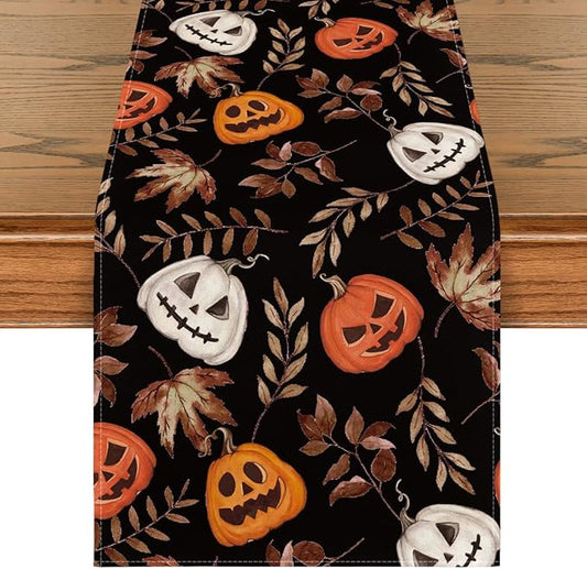 Artoid Mode Jack-O'-Lantern Pumpkin Leaves Black Halloween Table Runner, Holiday Kitchen Dining Table Decoration for Home Party Decor 13 x 60 Inch