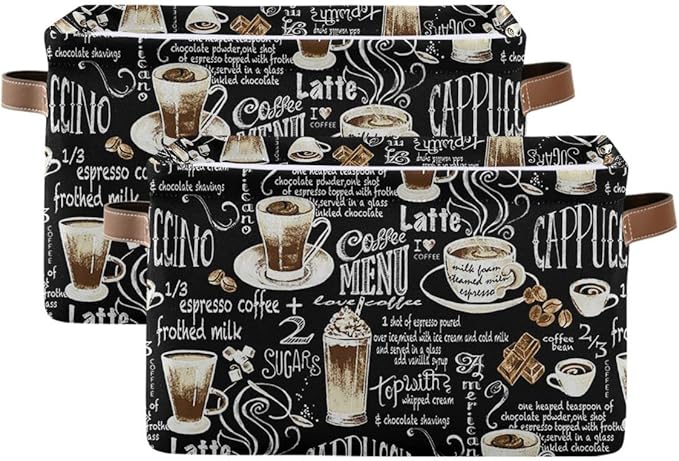 Wamika Black Coffee Beans Storage Basket Fabric Laundry Baskets Cappuccino Latte Chocolate Cocoa Storage Boxes Organizer Bag for Baby Cloth Dog Toy Book Storage Cubes Shelf Closet Bins 16x12x8 Inches