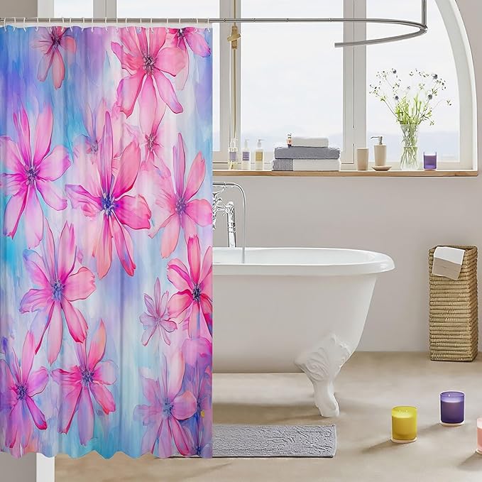Feelyou Daisy Fabric Shower Curtain for Kids Boys Girls Pink Flower Bathroom Waterproof Accessories with 12 Hooks Floral Shower Curtain Wildflower Botanical Curtains,72x84 Inches