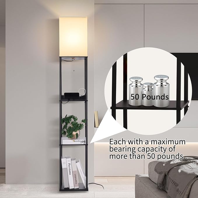 Floor Lamp with Shelves, with 2 USB Ports and Power Outlet Modern Square Standing Lamp with 3 Color Temperature Bulb, Corner Display Bookshelf Lamp for Living Room, Bedroom and Office (black-9DY)