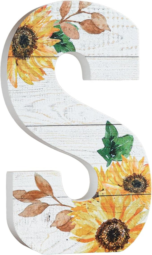 COLLECTIVE HOME - 10" Wood Lettes for Wall Decor, Sunflower Tabletop Alphabet Decoration, DIY Farmhouse Decor, Rustic Freestanding Monogram Block (S)