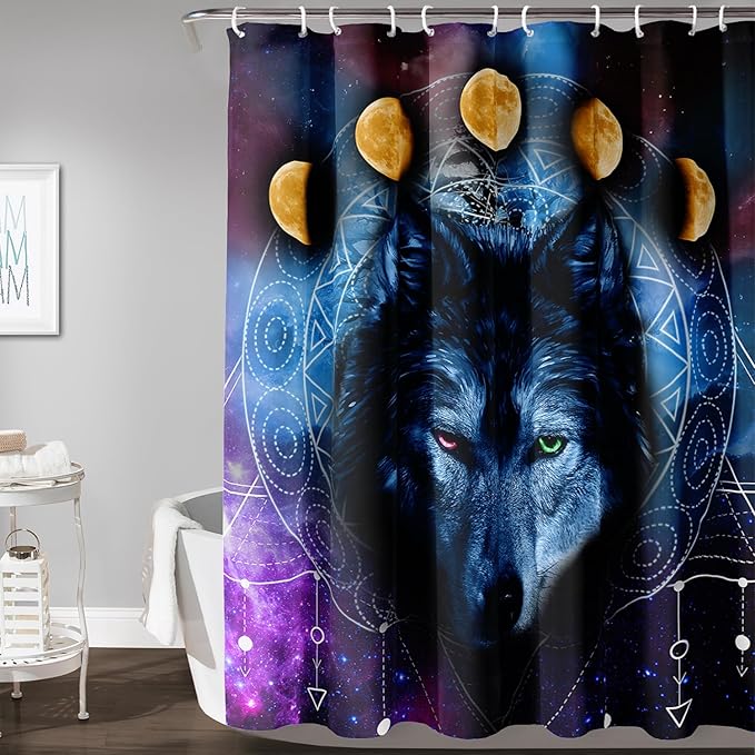 AILONEN Wolf Shower Curtain,Boho Moon Wolf Bath Curtain for Bathroom Decor,Galaxy Wolf Polyester Waterproof Whit 12 Plastic Hooks 72" W*72" H