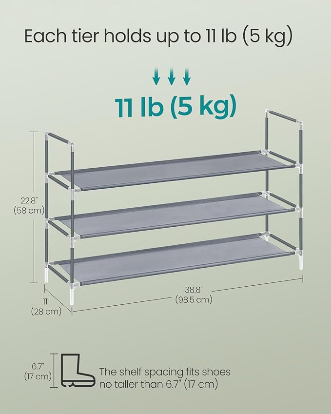 SONGMICS 3-Tier Shoe Rack, Shoe Storage for Hallway Closet, Slim and Space-Saving, Metal Frame, Non-Woven Fabric Shelves, Grey ULSH053G01V1