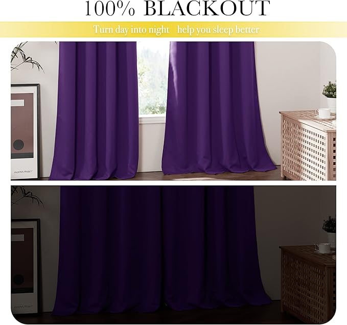 NICETOWN Kitchen Full Blackout Curtain Panels, Super Thick and Soft Insulated Window Covers, 100% Blackout Draperies with Same Color Backing for Cafe Window (Royal Purple, Set of 2 PCs, 52 by 45-inch)