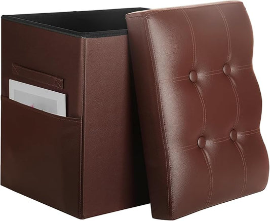 Ottoman with Storage, Folding Foot Rest Stool with Thicker Foam Padded Seat. Slim Tall Storage Ottoman Furniture with Handles & Side Pocket for Living Room Bedroom 350 lbs, 17x13x17in, Light Brown
