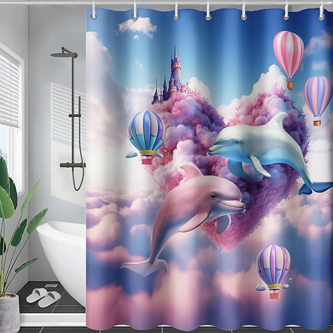 AILONEN Cute Dolphin Shower Curtain,Romantic Pink Sky Clouds Hearts Print Bath Curtain,Blue and Pink Dolphin Shower Curtain Waterproof for Bathroom Decor with 12 Plastic Hooks, 60" W*72" H