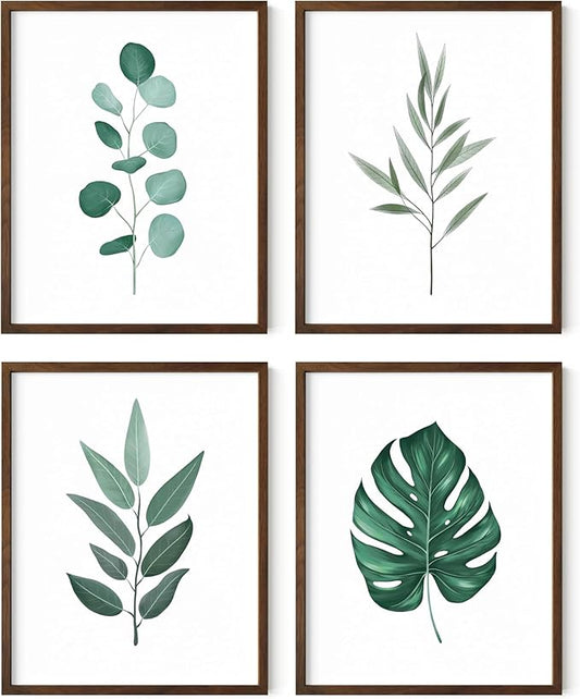 HAUS AND HUES Plant Wall Art - Botanical Prints Wall Art, Green Wall Art Collection Set Plant Pictures Wall Art, Leaves Paintings Minimalist Sage Green Wall Decor (11x14, Framed Walnut)