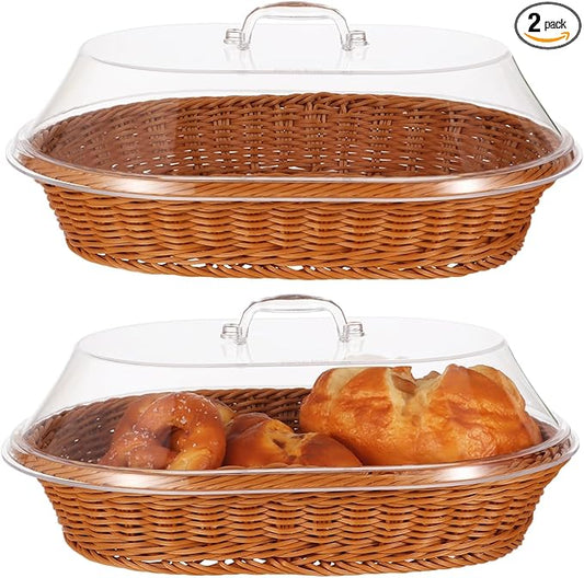 2 PCS Bread Fruit Baskets with Lid - 14 x 10 Inch Wicker Bread Basket with Acrylic Lid, Woven Bread Basket Fruit Tray with Clear Cover, Rattan Food Serving Tray for Home Picnics Bakery Storage