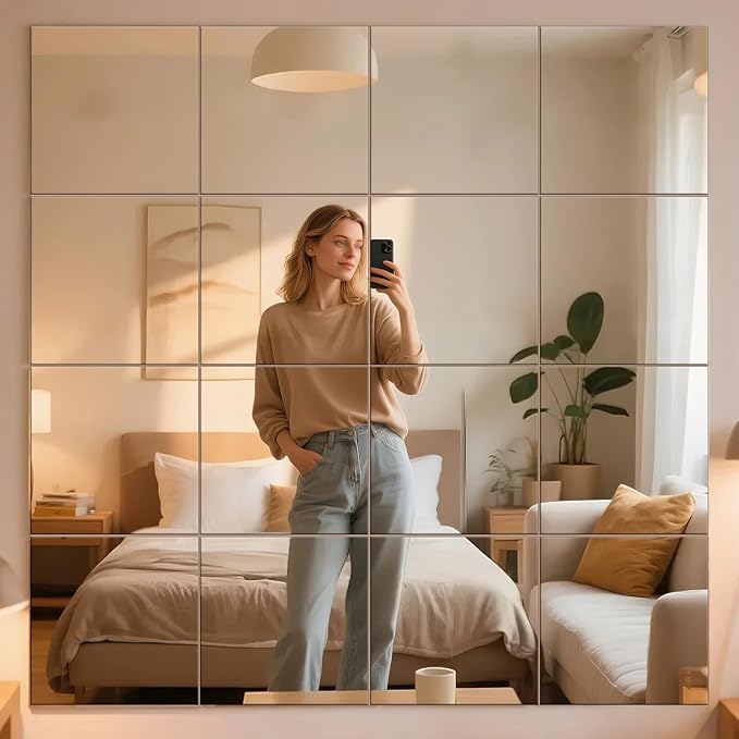 12" x 12" 16Pcs Full Length Wall Mirror Tiles, Frameless Wall Mounted Mirror Glass Wall Peel and Stick Mirror for Home Gym, Door, Bedroom, Living Room (12" x 12"-16PCS)