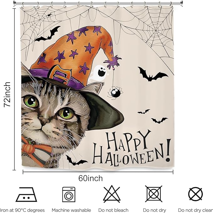 Halloween Cat Funny Shower Curtain 60Wx72L Inch Horror Spooky Scary Witch Bat Spider Animal Holiday Bathroom Set Accessories Decor with 12 Pack Hooks