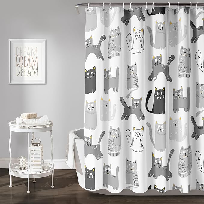AILONEN Cat Shower Curtain 72" W*72" H Funny Cartoon Cat Grey Printed Bath Curtain Cat Theme Shower Curtain Minimalist Bathroom Curtain Decor Polyester Waterproof Curtain with 12 Hooks