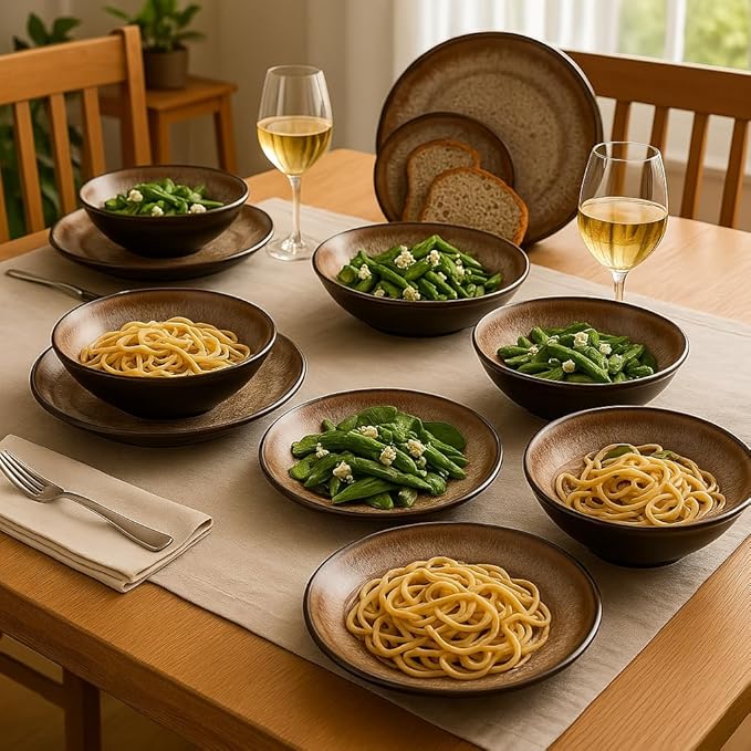 TUDOR ROYAL 12-Piece Round Dinnerware Set, Service for 4, REACTIVE GLAZE Collection, BROWN color, Plates Bowls Dishes, Premium Quality Tableware, Glossy, helps with weight loss