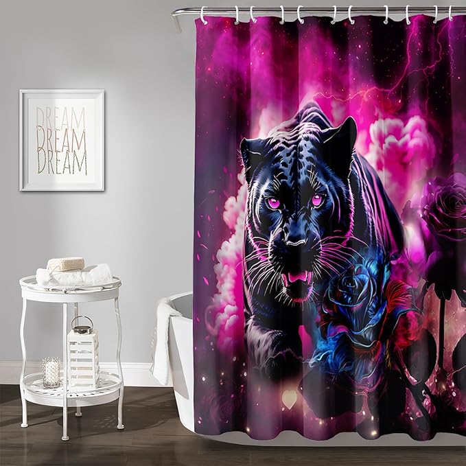 AILONEN 3D Black Panther Shower Curtain for Bathroom,Romantic Rose Smoky Leopard Printed Bath Curtain,Wildlife Cheetah Decoration Shower Curtain Waterproof 72" W*78" H
