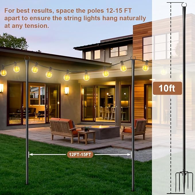 6 Pack String Light Poles for Outside, 10ft Heavy-Duty Metal Light Poles for Outdoor String Lights with Fork, Adjustable Lighting Accessories for Patio Decor Backyard Yard Pergola Garden Decorations