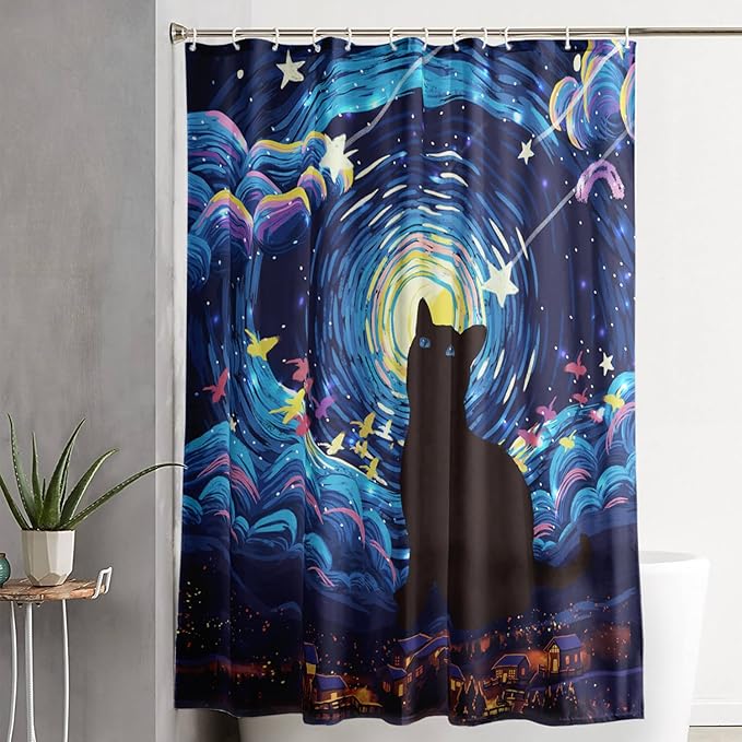 AILONEN Cartoon Black Cat Shower Curtain Set,Starry Night Bath Curtain for Kids Girls Boys,Country Style Shower Curtain,Cat Lovers Animal Shower Curtains for Bathroom Decor, 60" W*72" H