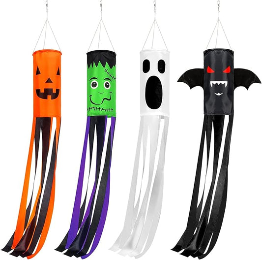 Whaline 4 Pieces Halloween Windsock Flag 39 Inch Spooky Cartoon Flag Wind Socks Pumpkin Bat Ghost Monster Outdoor Hanging Decoration for Home Yard Patio Lawn Garden Tree Party Decoration