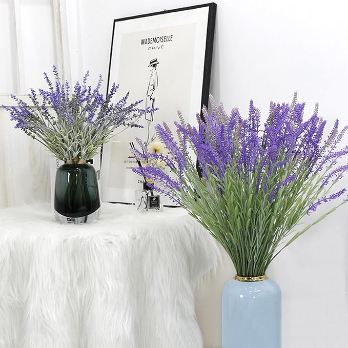 Artificial Flowers, Lavender Fake Flowers 12 Bundles UV Resistant Shrubs Faux Plastic Greenery Plants Hanging Planter Flora Fence Indoor Outside Wedding Indoor Farmhouse Decor (Violet)