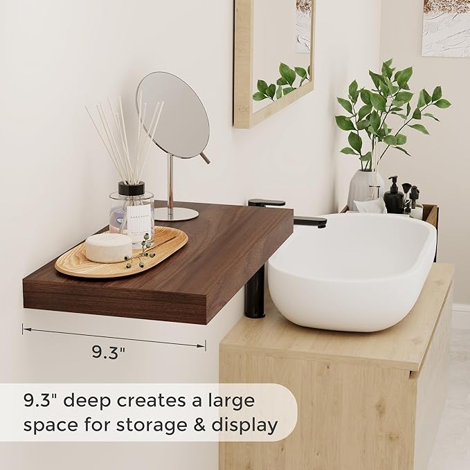 Floating Shelves 16"W x 9"D Set of 2, 9.3 Inch Deep Floating Shelf for Wall, Wall Mounted Bathroom Shelves, Wide Wall Shelves for Books, Rustic Floating Shelves for Living Room, Kitchen, Walnut Color