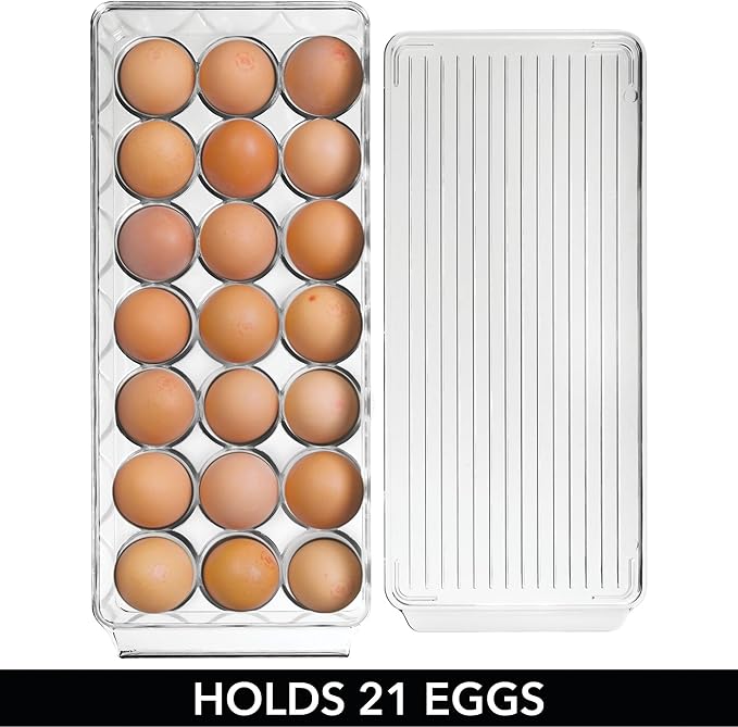 iDesign Plastic Egg Holder with Lid and Handle - Holds 21 Eggs - Set of 2 - Clear - Made in USA