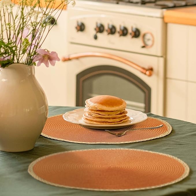 Noctiflorous Round Braided Placemats Set of 6 Table Mats 15 Inches Washable Heat Resistant for Dining Table Non-Slip Indoor Outdoor Place Mats for Thanksgiving Christmas Easter(Orange Thin Edge 6)