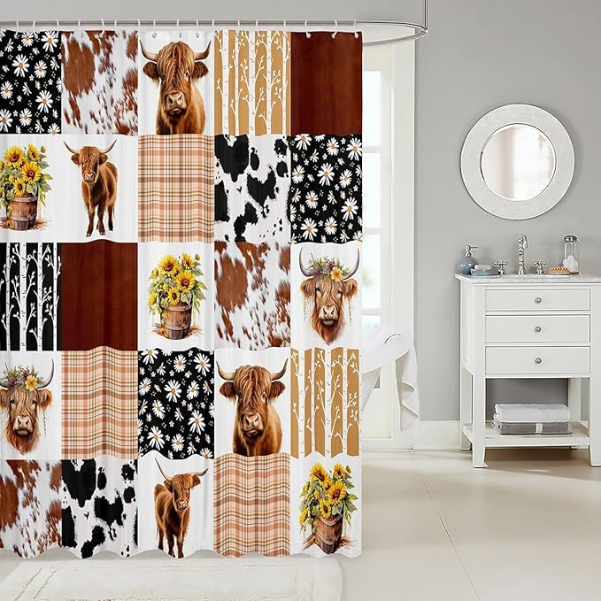 Feelyou Highland Cow Shower Curtain 72"x78" Kids Cowboy Cow Fur Bathroom Shower Curtain Set for Boys Girls Teens Farm Geometric Stripes Bath Curtain Daisy Sunflower Bathroom Accessories