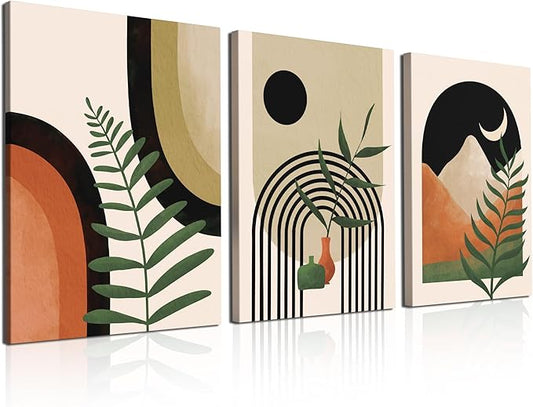 Boho Wall Art painting Set of 3, Mid Century Modern Wall Art, Boho Room Decor, Neutral Abstract Geometric Prints Black Beige Botanical Framed Canvas Print Wall Art Ready to Hang for Living Room 12x16inch