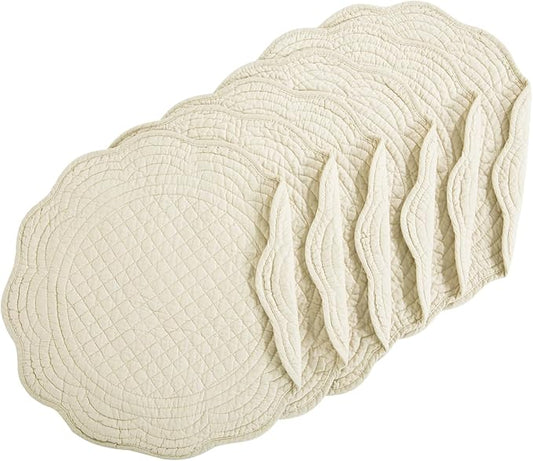 HOMBYS Quilted Placemats Set of 6 Washable Round Placemats for Kitchen Table-100% Cotton Fabric 15 Inch Round Table Mats, Cotton Fabric with Microfiber Filling, (15"x15", Flax)