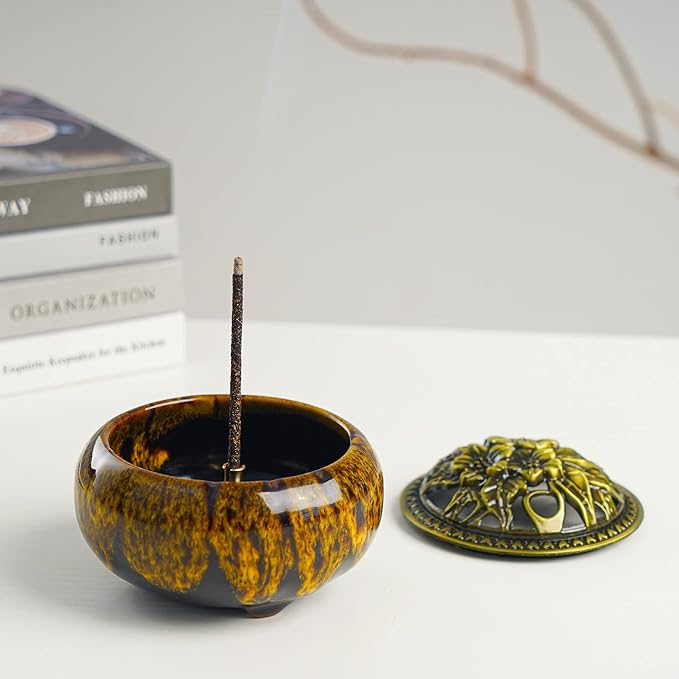 Incense Burner with Calabash Incense Stick Holder - Porcelain Charcoal Censer for Use with Resin Granular Powder Cone or Coil Incense (Kiln-Colored Yellow)