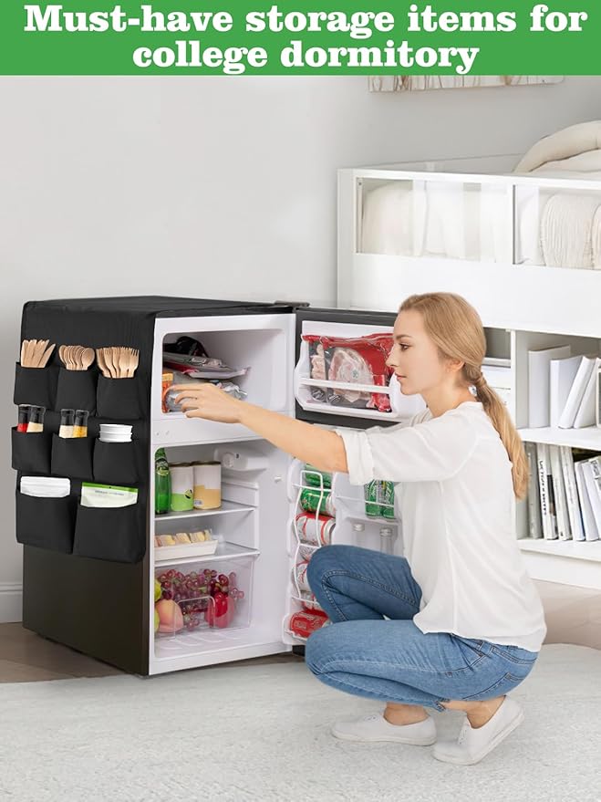 Extended Mini Fridge Caddy Organizer - 55" x 13" Back to School Dorm and Office Over the Fridge Storage Organizer with 12 Pockets for Flatware Drink Paper Goods, College Must Have, Black