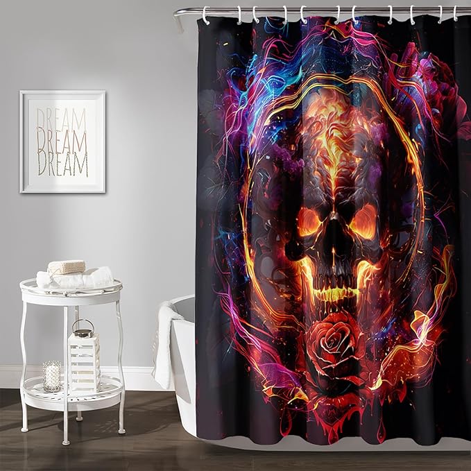 AILONEN Gothic Skull Shower Curtains for Bathroom,Red and Black Skeleton Sugar Skull Bath Curtain,Romantic Rose Flower Goth Skull Decor,Boys Men Curtain 12 Plastic Hooks Waterproof, 48" W x 72" H
