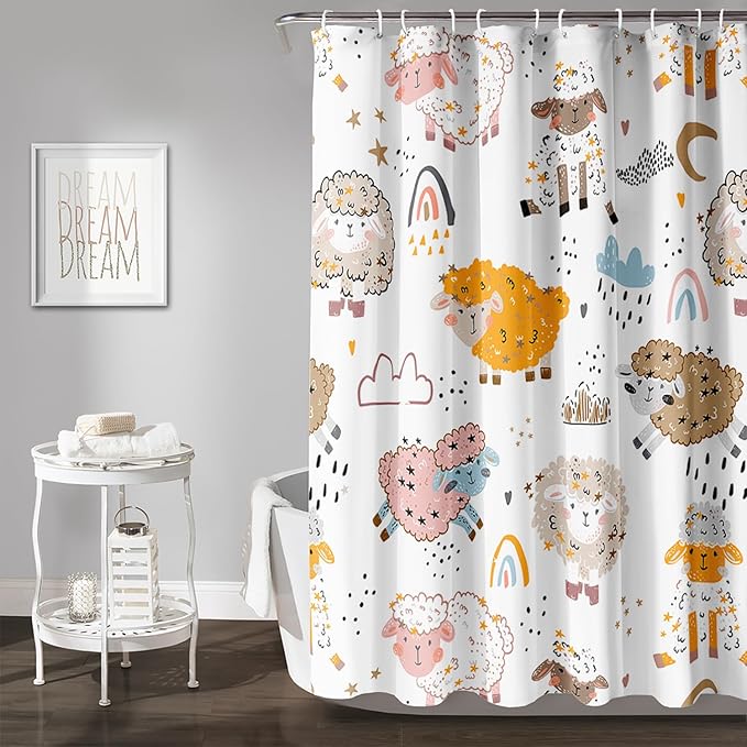 AILONEN Cute Sheep Kids Shower Curtain for Bathroom,Sheep Moon Clouds Kids Creative Rainbow Waterproof Bath Curtain,Modern Minimalist White Curtain with 12 Plastic Hooks(36" W*72" H)