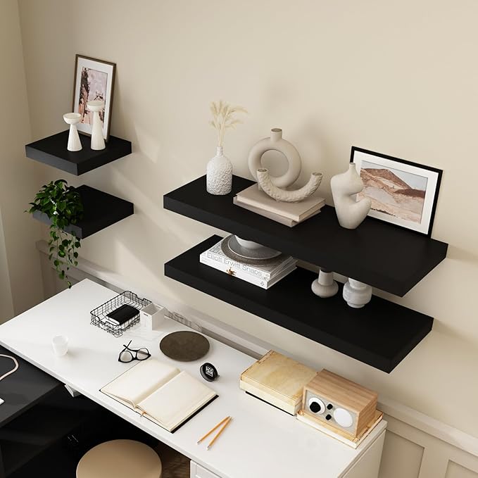 WELLAND 48 inch Black Mission Floating Shelves for Wall, Bathroom Wall Mount Shelves, Wood Modern Display Shelves, Book Shelves,for Bedroom,Living Room and Kitchen