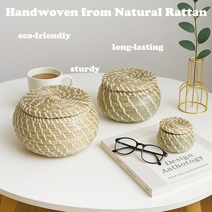 Set of 9 Round Woven Seagrass Baskets, Small Wicker Basket with Lid, Little Handmade Rattan Storage Basket Box for office, bedroom, living room