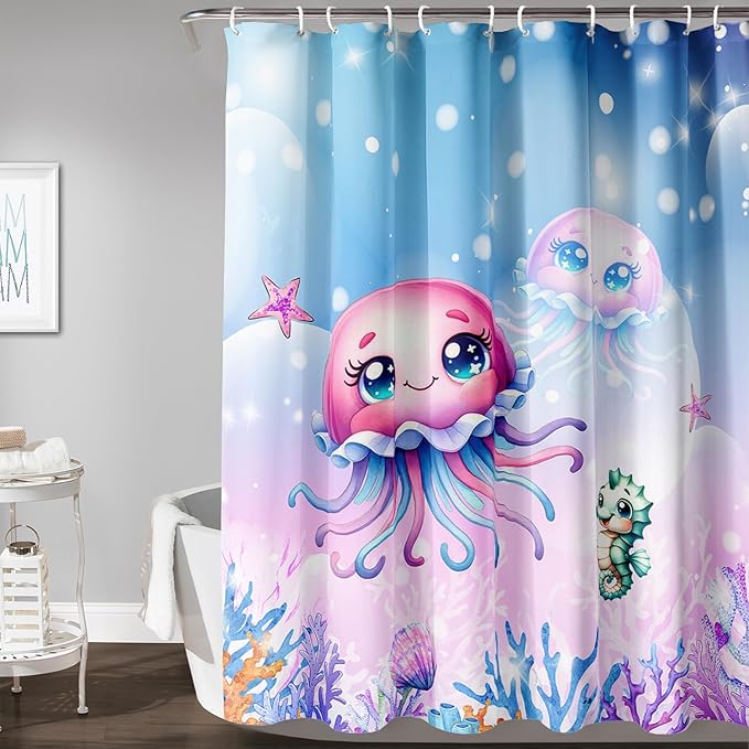 AILONEN Jellyfish Shower Curtain, Cute Jellyfish Starfish Seahorse Coral Pink Bath Curtain,Ocean Theme Shower Curtain 48" W*72" H Polyester Waterproof Bathroom Curtain with 12 Hooks