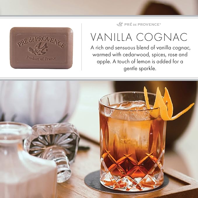 Pre de Provence Artisanal Soap Bar, Natural French Skincare, Enriched with Organic Shea Butter, Quad Milled for Rich, Smooth & Moisturizing Lather, Vanilla Cognac, 5.3 Ounce