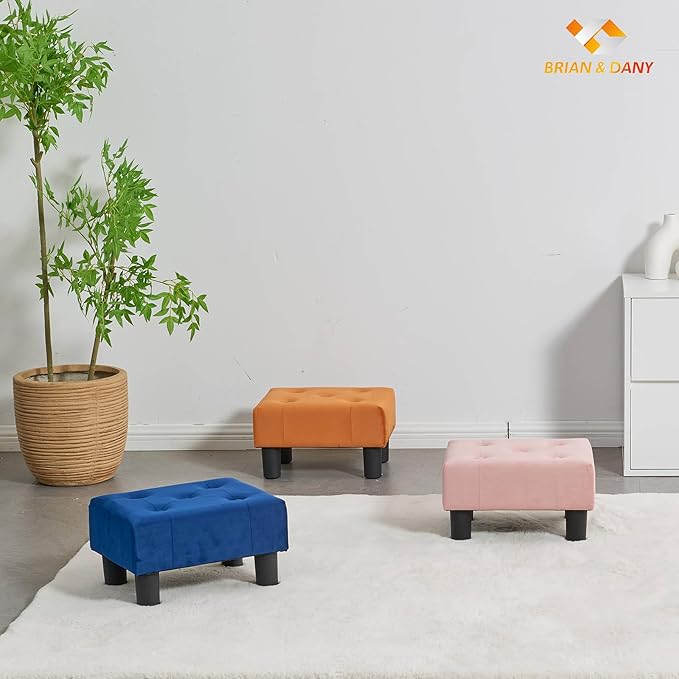 BRIAN & DANY Small Foot Stool, Velvet Foot Stools with Legs, Stable Small Footstool for Living Room, Blue