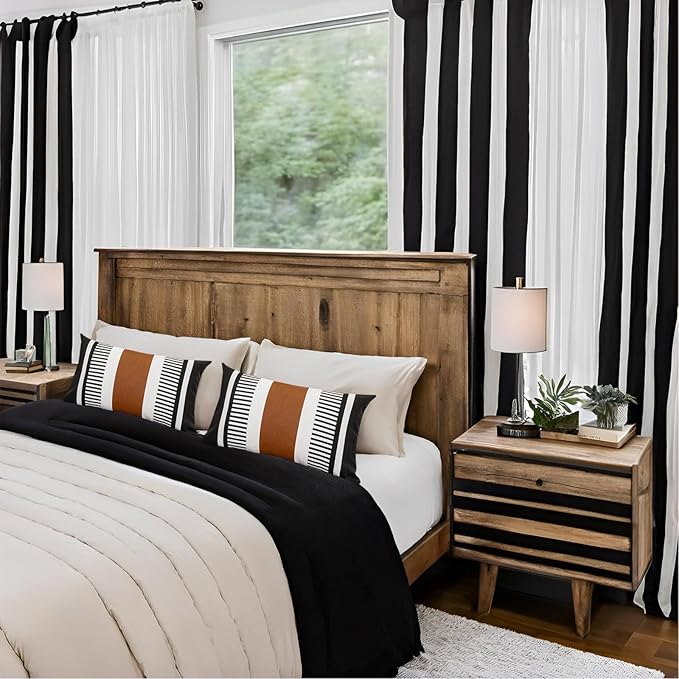 Boho Striped Lumbar Pillow Covers 12x20 inch, Modern Leather Couch Pillowcase,Farmhouse Home Decor, Black (Pack of 2, Cover ONLY)