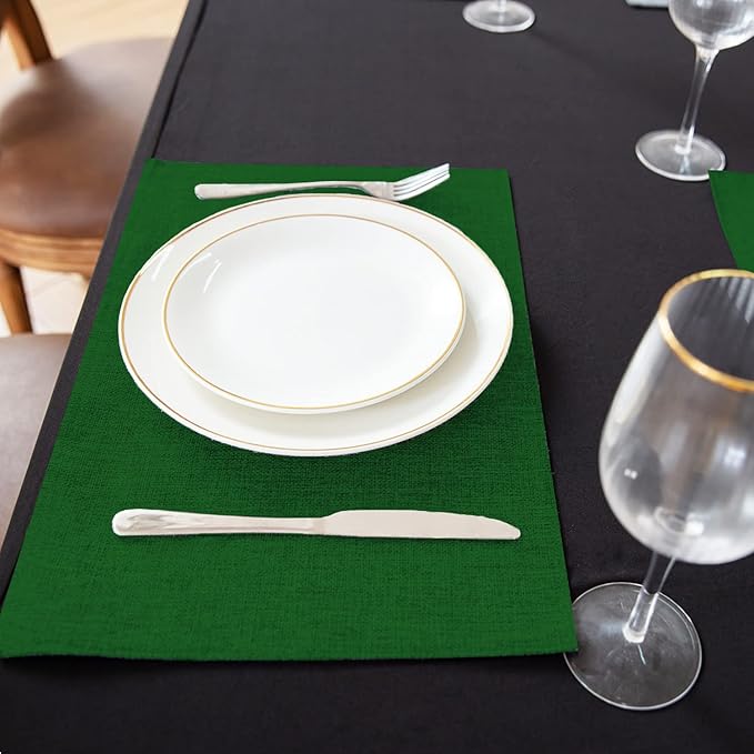 Linen Placemats Set of 8, Machine Washable, Heat Resistant, Wrinkle Free, Thick Polyester Kitchen Place Mats for Dining Table (Forest Green)
