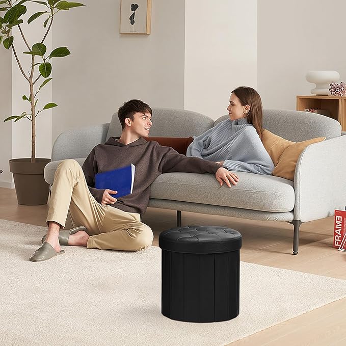 Bsketa® Folding Storage Ottoman Round 14" x 14" x 13"Inch, Foot Stool with Thicker Foam Padded Seat Small Leather Storage Ottoman Bench Foot Rest for Living Room Foldable Pouf Coffee Table,Black