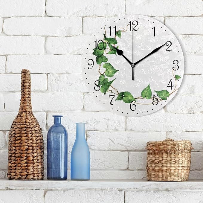 ALAZA Wall Clock Green Leaves Ivy Silent Non-Ticking Decorative Wall Clocks Battery Operated 10 Inch for Home Living Room Kitchen Bathroom Bedroom