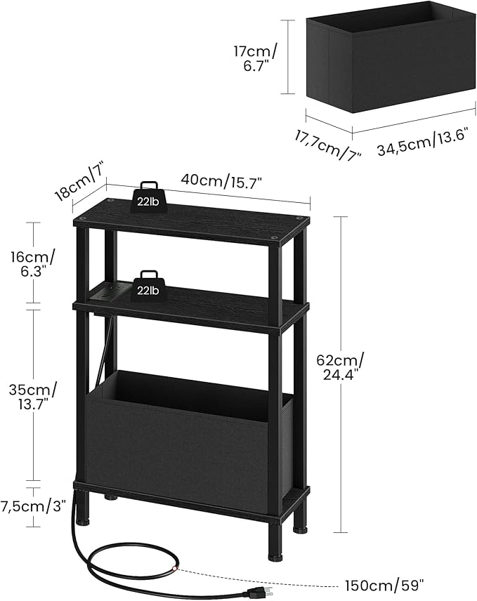 Small Narrow Side Table with Charging Station, Skinny End Table with Fabric Basket, Slim Nightstand for Small Spaces, Sofa Side Table, for Living Room, Bedroom, Black TBZ07UBB