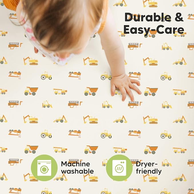 Pack and Play Sheets Fitted, 2-Pack Mini Crib Sheets - Pack N Play Sheets, Organic Fitted Crib Sheet for Pack and Play Mattress, Playard Baby Crib Sheets, Crib Sheets Neutral for Boys (Construction)