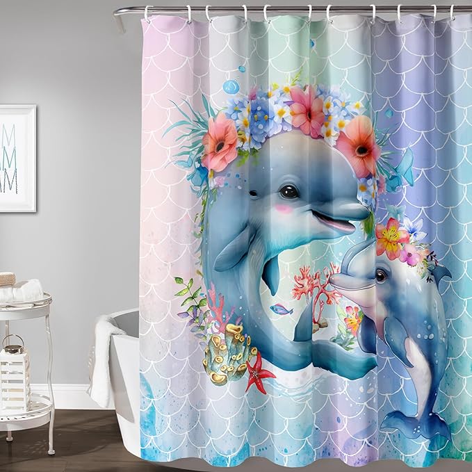AILONEN Cute Dolphin Shower Curtain,Color Mermaid Scale Print Shower Curtain with 12 Plastic Hooks,Kawaii Ocean Dolphin Print Bath Curtain Decorative Waterproof 60" W*72" H
