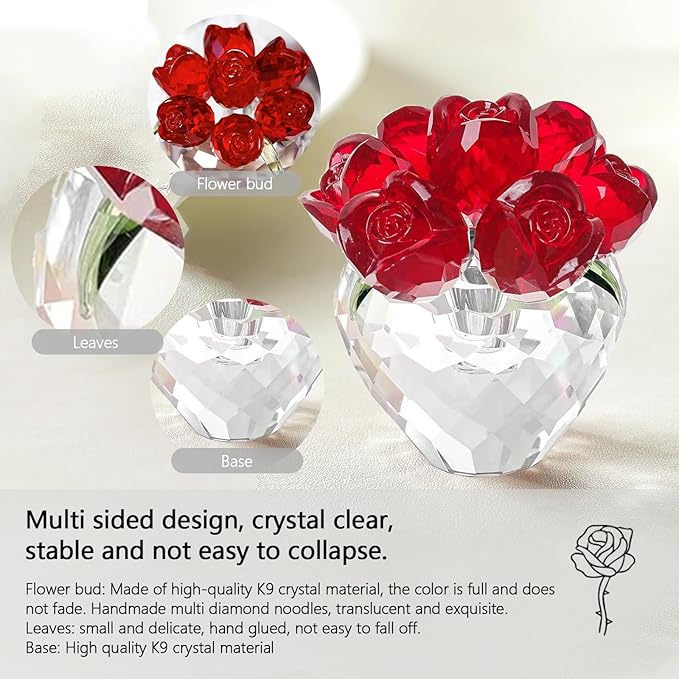 Crystal Flower Figurines - Glass Rose Home Decor - Romantic Flower Bouquet for Women（Red）