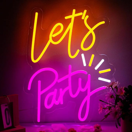 Goneons Let's Party Neon Sign for Wall Decor, USB Powered Lets Party Neon Light Sign with Dimmable Switch, LED Light for Birthday, Wedding, Bachelorette, Engagement Decor