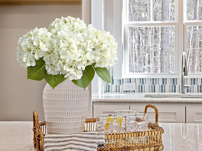 4PCS White Artificial Flowers Hydrangea 20" Real Touch Latex Faux Hydrangeas Silk Flowers with Green Leaves Stems for Short or Tall Vase Table Party Center Fake Bouquet Decor