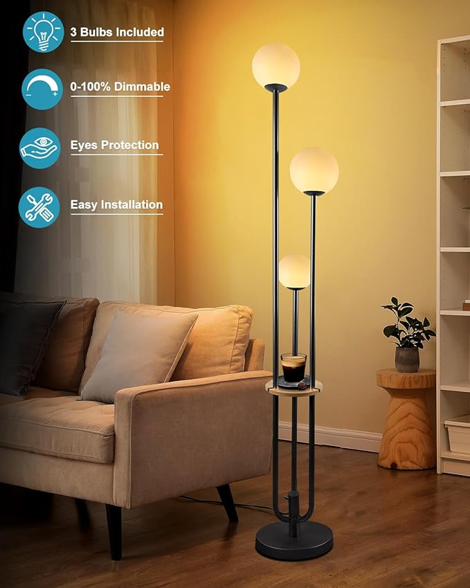 63IN Dimmable Floor Lamp with Shelf, Unique Globe Black Tall Standing Lamps with 3 Poles, 3000K Warmwhite Mid Century Modern Floor Lamp for Living Room Home Office(Bulbs Included)