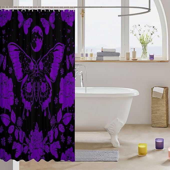 Feelyou Purple Butterfly Fabric Shower Curtain Cover Botanical Floral Shower Curtain for Kids Boys Girls Butterflies Bathroom Waterproof Accessories with 12 Hooks Flying Curtains,72x72 Inches