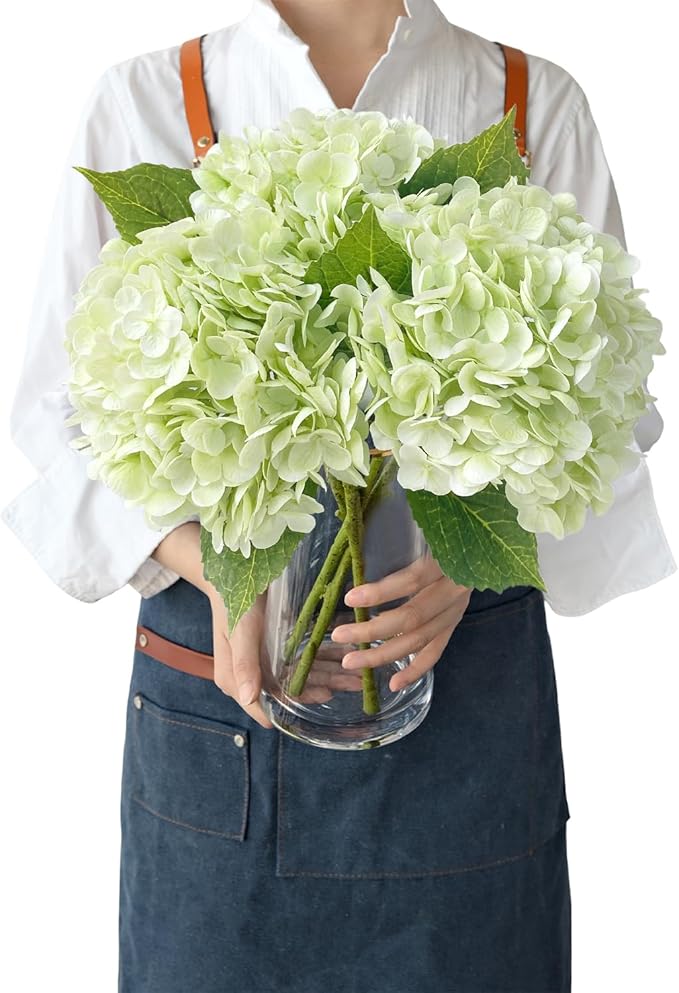 3Pcs Light Green Faux Hydrangea Flowers,21” Latex Real Touch Large Silk Royal Hydrangea Artificial Flowers,Spring Fake Flowers Bouquet for Centerpieces Table Wedding Kitchen Home