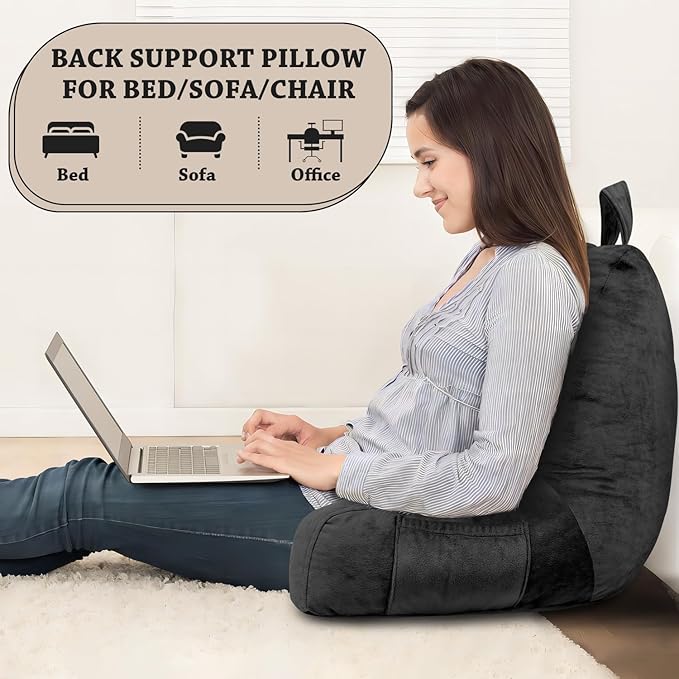 LOVTEX Reading Pillow with Removable Cover, Back Pillow for Sitting Up in Bed with Arms and Pockets, Bed Rest Pillow Adult, 20 x 15 Inches(Black)